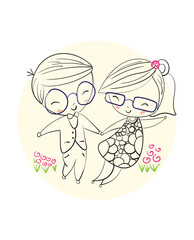 Happy couples dancing on bright days, Hand drawn  Illustration in sketch doodle style.