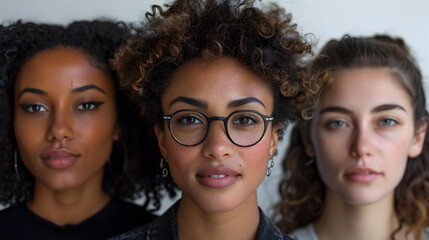 Obraz premium Diverse Women in Glasses Radiate Beauty and Confidence with Striking Eye Contact on White Background