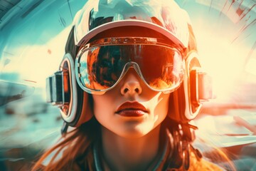 A woman wearing a helmet and goggles with a red lipstick - obrazy, fototapety, plakaty