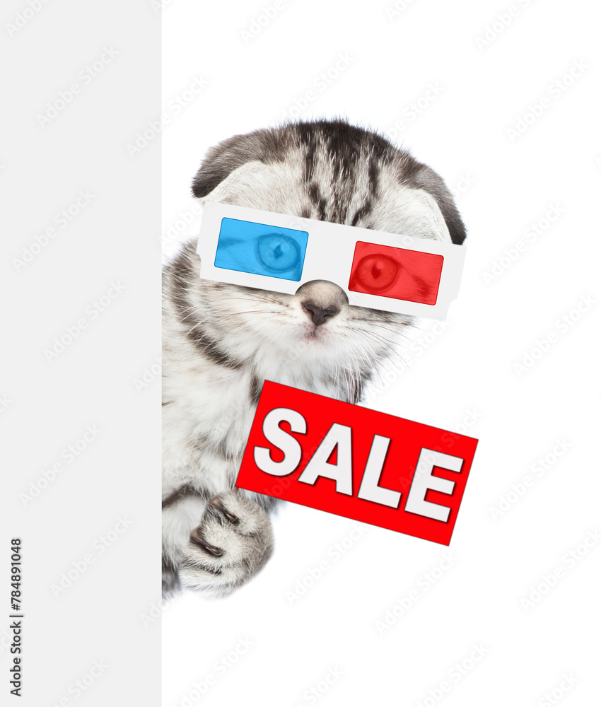 Poster surprised kitten in the 3d glasses behind white banner and shows signboard with labeled 
