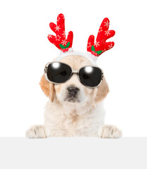Golden retriever puppy dressed like santa claus reindeer  Rudolf looking above empty white banner. isolated on white background