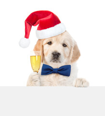 Funny Golden retriever puppy wearing santa hat looks above empty white banner and holds glass of champagne. isolated on white background