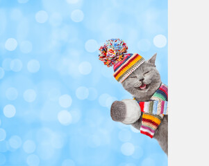 Happy cat wearing warm winter knitted woolen hat with pompon and scarf holds snowball behind empty white banner. Blurred blue background