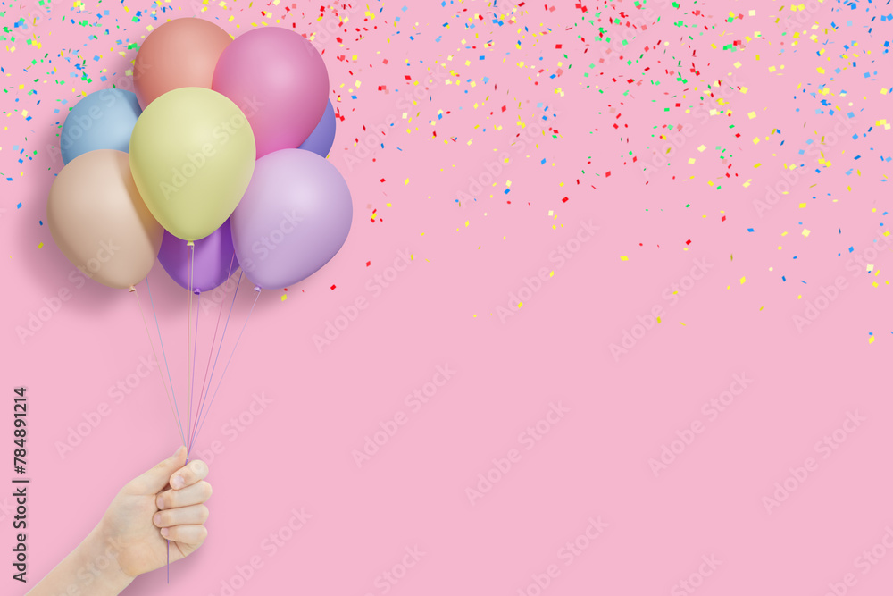 Poster female hand holds bunch of colorful balloons on pink background with confetti. empty space for text