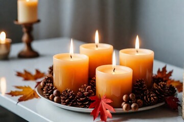 Beautiful burning candles on the table in a living room with autumn decoration.