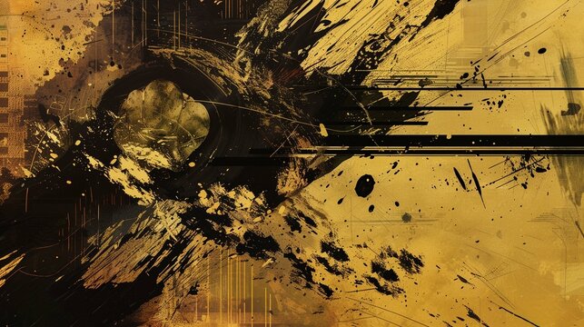 Japanese abstract illustration as if drawn in black ink on a gold folding screen