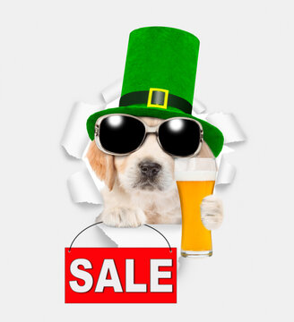 Saint Patrick's Day concept. Cute Golden retriever puppy wearing green hat of the leprechaun looks through the hole in white paper, holds mug of light beer and shows signboard with labeled "sale"
