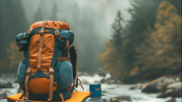 Camping backpack on stones near river. 4k video animation