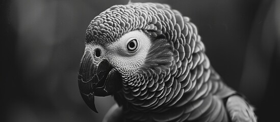 This black and white image showcases a parrot with a strikingly large and distinctive beak, capturing the bird's unique features and intricate details