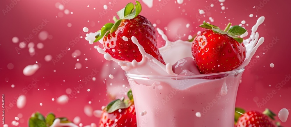 Aufkleber close up view of a glass of milk containing fresh red strawberries, creating a refreshing and appeti