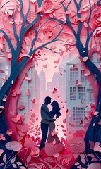 Fotobehang A man and a woman kissing under a tree surrounded by pink and red flowers © Nadtochiy