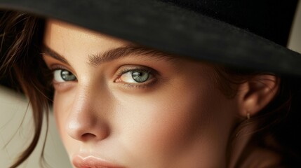 A captivating close-up of a fashion model, her gaze piercing through the camera, the brim of an elegant black hat casting a soft shadow that accentuates the mystery in her eyes.