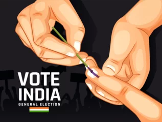 Deurstickers illustration of a hand with a voting sign of India. Indian General Election illustration vector on elections in the India. Election and Social Poll Concept © Meena
