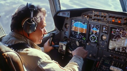 A pilot sitting in the cockpit of a biofuelpowered plane checking the displays and controls before takeoff. The cabin is filled with natural light from the large windows emphasizing .