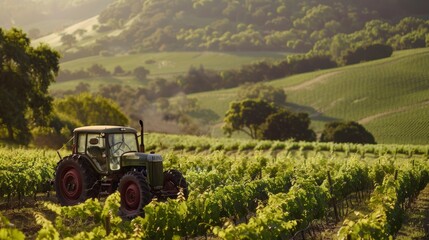 A lush green vineyard surrounded by rolling hills is the backdrop for a unique scene. A vintage tractor and other farming equipment modified to run on biofuels can be seen working . - obrazy, fototapety, plakaty