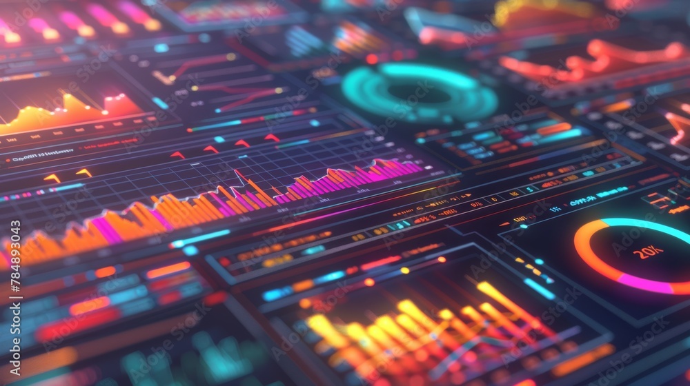 Poster a background filled with colorful charts, graphs, and data visualizations representing business anal