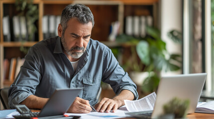 Serious and focused financier accountant on paper work inside office, mature man using calculator and laptop for calculating reports and summarizing accounts, businessman at work in casual clothes. - obrazy, fototapety, plakaty