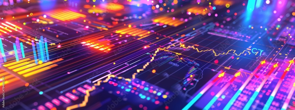 Poster a background filled with colorful charts, graphs, and data visualizations representing business anal
