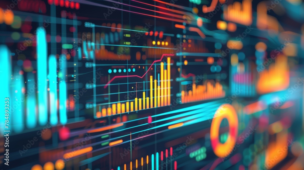 Poster a background filled with colorful charts, graphs, and data visualizations representing business anal