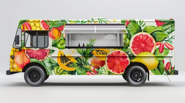 Blank mockup of a tropical food truck wrap with images of fresh fruits smoothies and exotic dishes. .