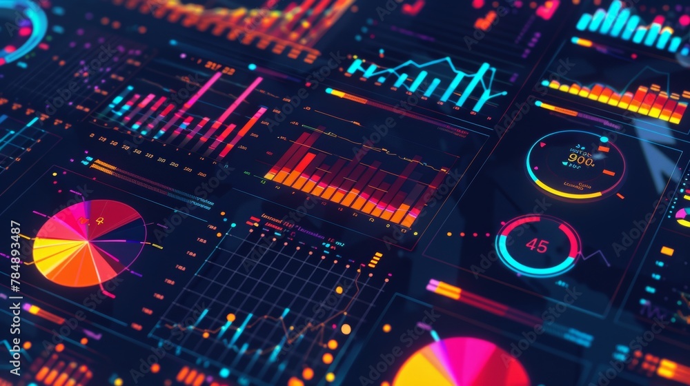 Poster a background filled with colorful charts, graphs, and data visualizations representing business anal