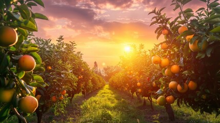 The background is a stunning sunset over the sprawling fruit orchard. As the sky turns shades of pink and orange the fruit on the . . - obrazy, fototapety, plakaty