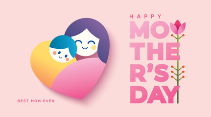 Happy Mother's Day greeting cards with beautiful blossom flowers in flat geometric style. Vector background for banner, poster