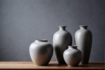 Stylish ceramic vases and pots on the table with grey background and copy space.