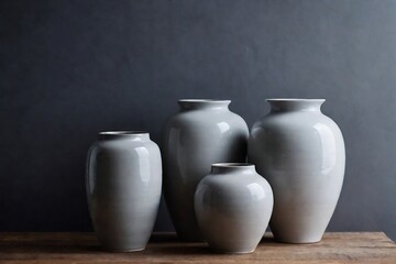Stylish ceramic vases and pots on the table with grey background and copy space.