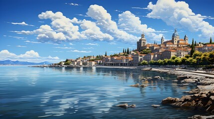 Fototapeta premium Seaside towns with a beach, building by the waterfront, embracing the charm of coastal living and beachside architecture