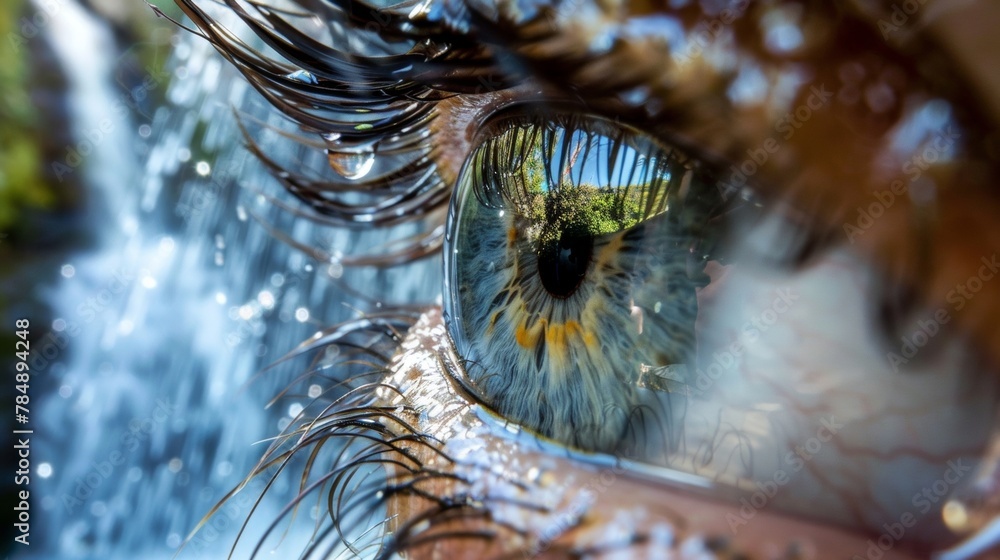 Aufkleber a rushing waterfall is reflected within the eye creating a mesmerizing scene of nature. .