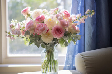 A vase of pink and white roses, blue Delphiniums, and White Gladiolus on the table by the window in the living room with curtains