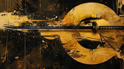Illustration in gold and black ink with Japanese sword