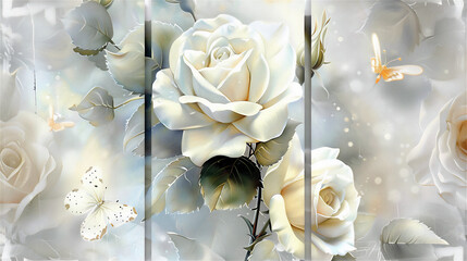 Watercolor painting, 3 separate panels, white roses and butterflies.