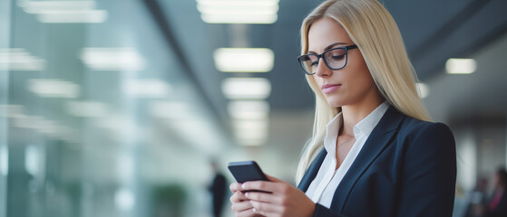 A focused businesswoman in a modern office setting checks her smartphone, embodying efficiency and connectivity in the corporate world.