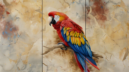 Oil painting, marble background with 3 panels, parrot