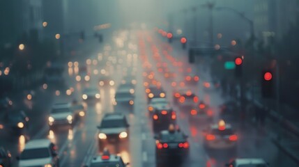 A blurred cityscape with rows of busy cars stuck in a thick haze creating a sense of chaos and urgency. . - obrazy, fototapety, plakaty