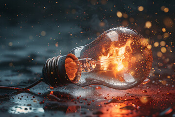 Abstract red and yellow light bulb floats like a burning planet in the black void of space - obrazy, fototapety, plakaty