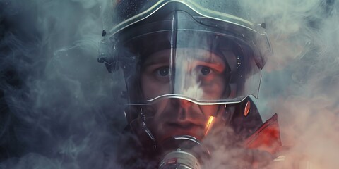 A close-up of a firefighter's determined expression, visible through the visor of their helmet, as they enter a smoke-filled building, highlighting the personal resolve