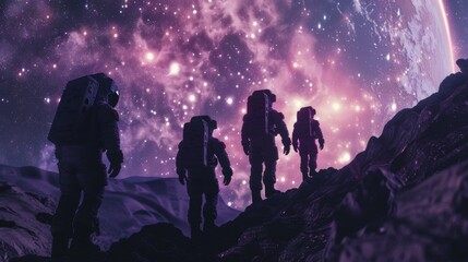 Amidst a landscape of towering purple mountains and vibrant stars a team of astronauts makes their way up a steep incline their determined . .