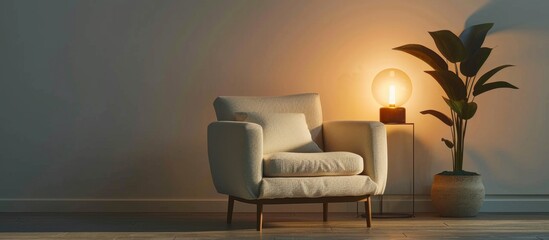 Close-up view of a stylish chair with a modern lamp placed on a wooden table nearby