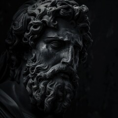 Powerful and Majestic: A Dark Bearded Sculpture of Zeus, the God of Thunder and Lightning, Radiating Strength and Wisdom