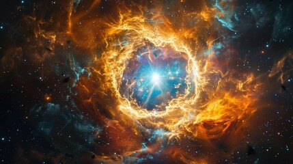 A closeup of a supernova the explosion of a dying star. The intense burst of light and energy creates a dazzling display with swirls of gas and dust being thrown out into space in . - obrazy, fototapety, plakaty
