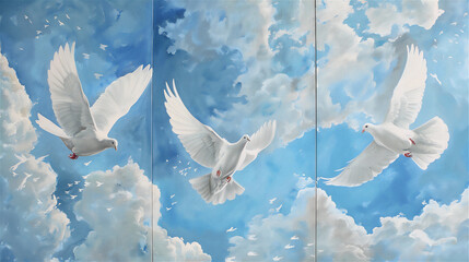 Oil painting, 3 separate panels, doves in the blue sky - obrazy, fototapety, plakaty