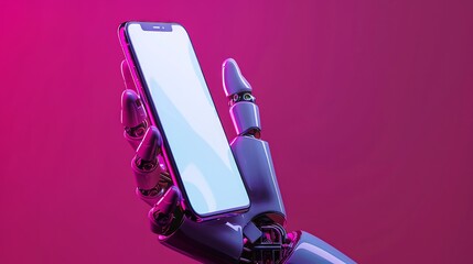 robot hand holding iPhone, we can see blank screen, vibrant neon violet background