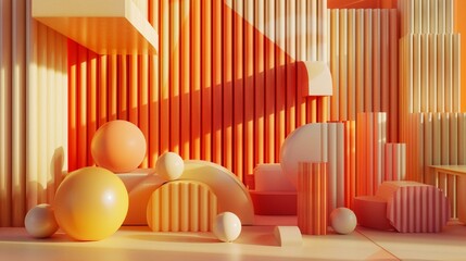 3D clay render of abstract geometric shapes in a radiant sunset palette, crafting a warm, inviting backdrop full of color bright colors