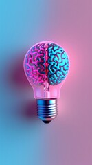 3D minimalist light bulb with a striking brain pattern, set on a serene pastel indigo background, conveying creative inspiration HD characters