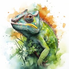 Fototapeta premium A green lizard with a yellow stripe on its face is sitting on a branch