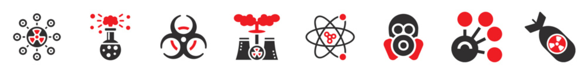 Radioactive, Nuclear power plant, Explosion, Atomic icon set vector. Flat style icons design.