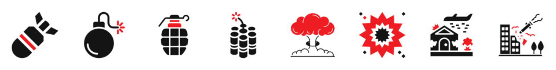 Bomb icon collection of explosion. Damage on the destroyed city, various explosives and effects flat icons design.